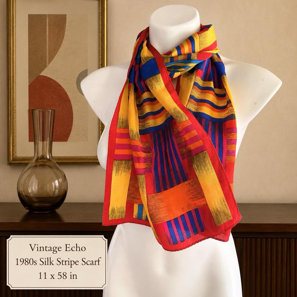 Vintage Echo 1980s Silk Red Gold Blue Stripe Scarf 11x58